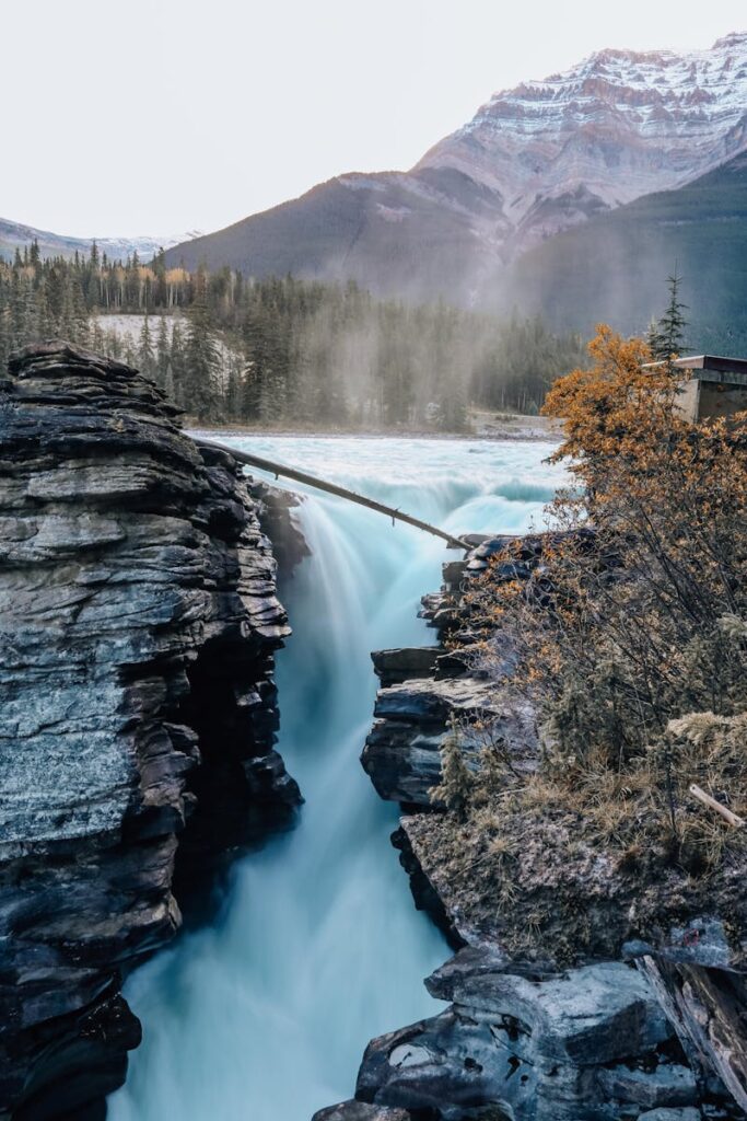 Breathtaking view of Athabasca Falls cascading in Jasper National Park with mountains and autumn foliage.